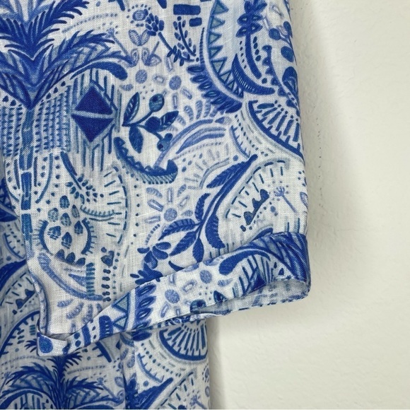 APNY 100% Linen Button Down Tunic Blue Coastal Print Size M Beachy Vacation - Picture 5 of 7